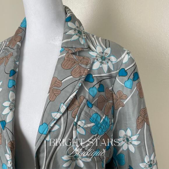 Rare Floral Silk Jacket ASO Phoebe Halliwell Charmed Gray Blue Flower Medium - Picture 10 of 11